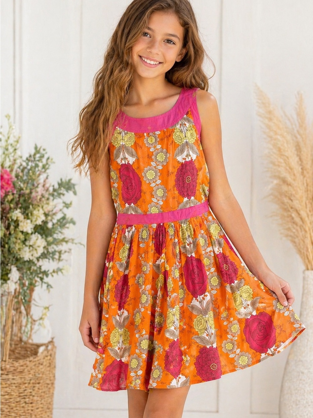 Karlie Girls Floral Dress Back Tie Orange Pink Sleeveless Youth M